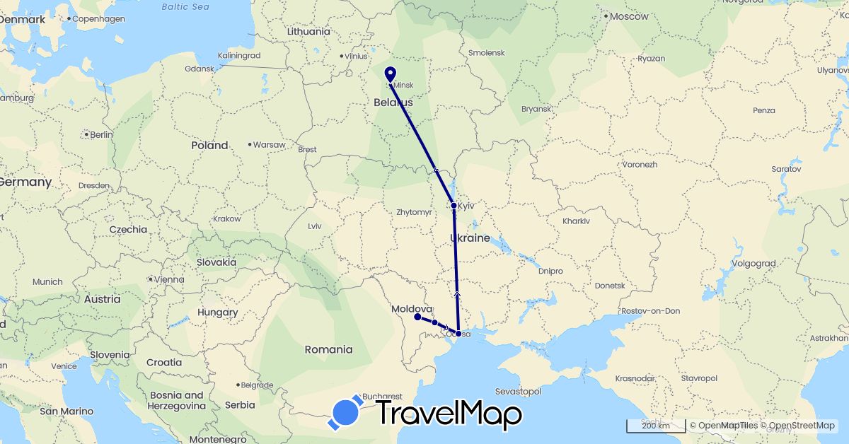 TravelMap itinerary: driving in Belarus, Moldova, Ukraine (Europe)